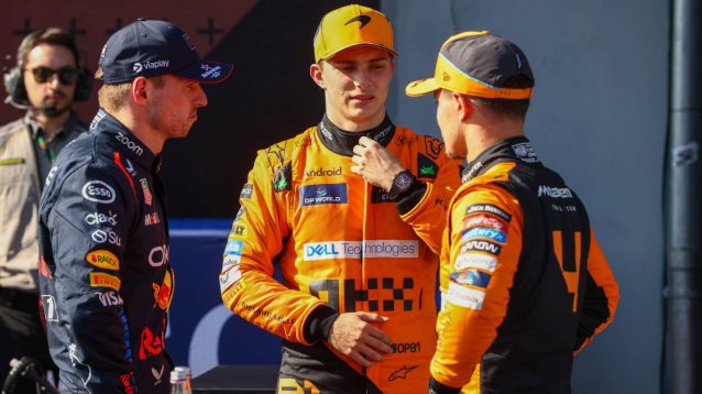 Max Verstappen, Oscar Piastri and Lando Norris in conversation at the 2024 Emilia Romagna Grand Prix