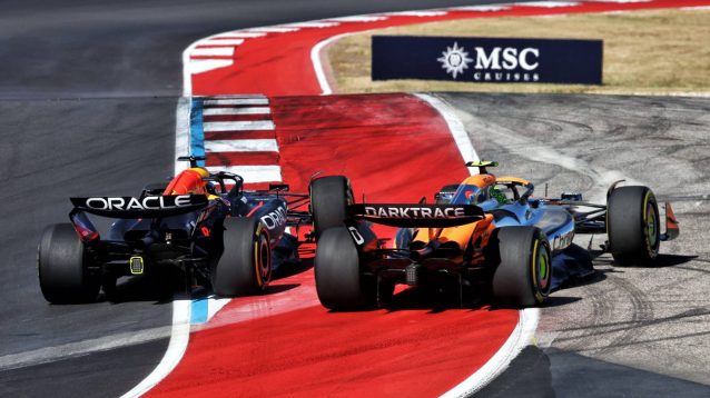Max Verstappen and Lando Norris go wide during the 2024 US Grand Prix