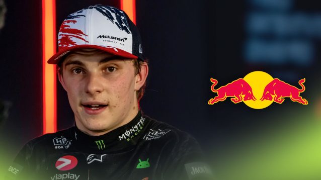 McLaren driver Oscar Piastri with the Red Bull badge to his right
