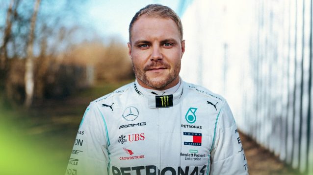 Valtteri Bottas eyes the camera in a pre-season photoshoot during his Mercedes career