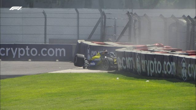 Williams' Alex Albon in the barriers following a collision with Oliver Bearman.
