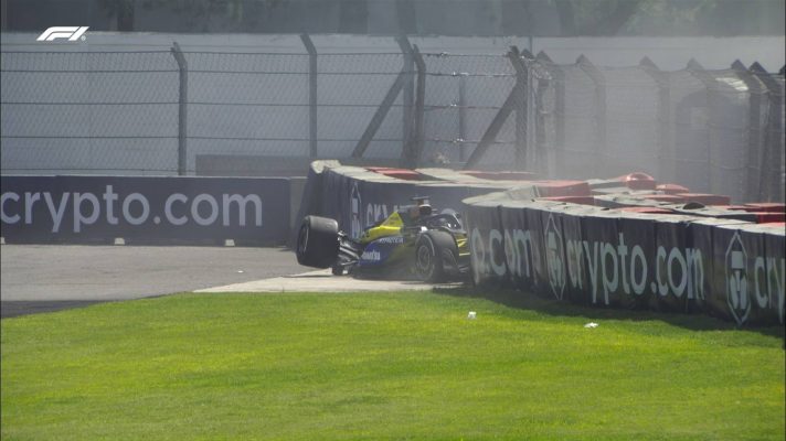 Williams' Alex Albon in the barriers following a collision with Oliver Bearman.