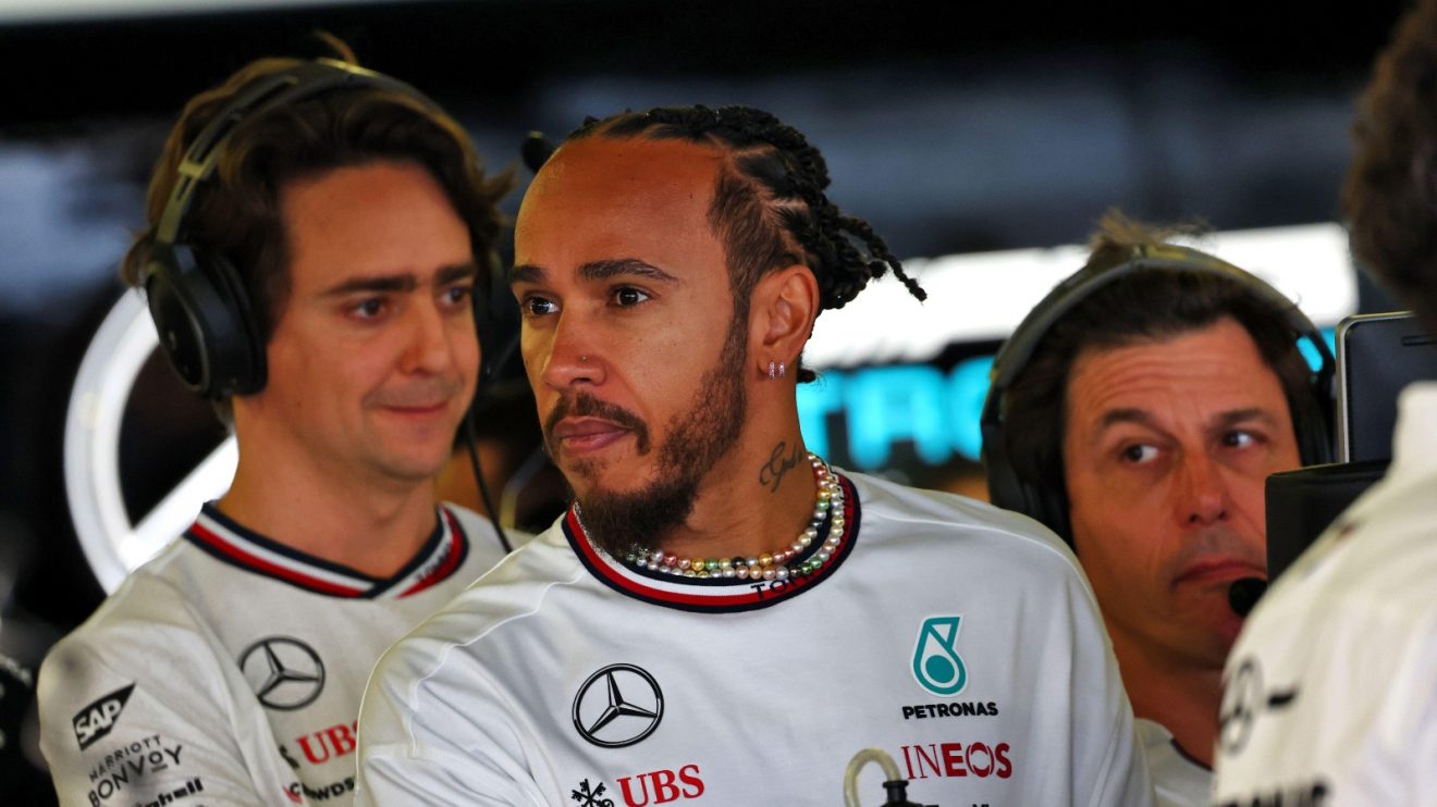 Lewis Hamilton in the Mercedes garage,