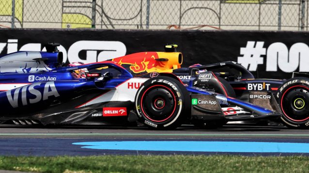 Liam Lawson wheel to wheel with Sergio Perez