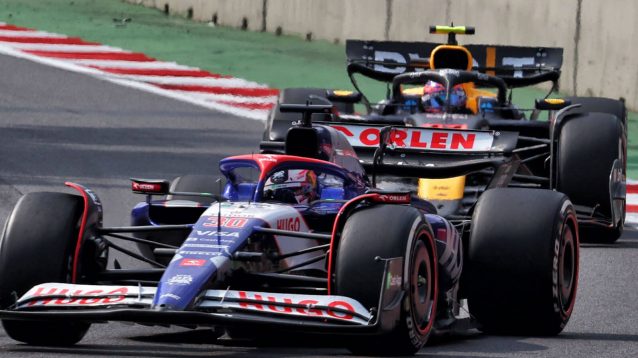 Sergio Perez catches up to the back of Liam Lawson