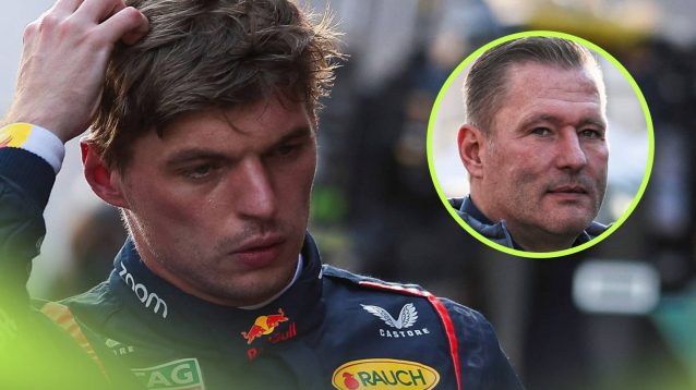 Max Verstappen scratches his head with an inset of Jos Verstappen looking serious