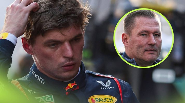 Max Verstappen scratches his head with an inset of Jos Verstappen looking serious