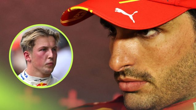 A close-up shot of Carlos Sainz looking unhappy with an inset of Liam Lawson