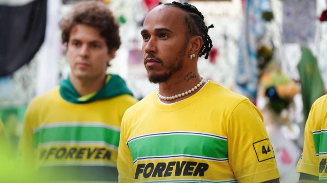 Lewis Hamilton wearing an Ayrton Senna tribute t-shirt at Imola