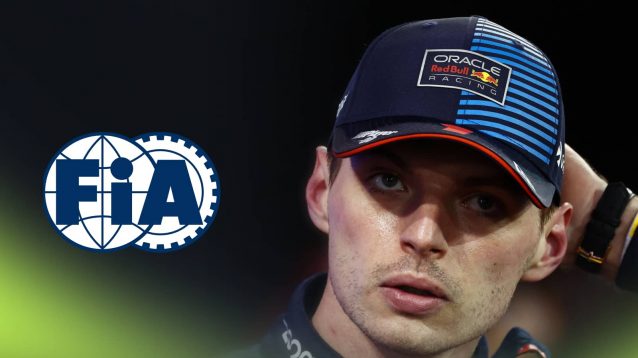 Max Verstappen looks darkly from under the peak of his cap with an FIA logo alongside him