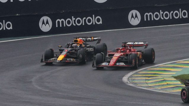 Charles Leclerc and Max Verstappen battle at Interlagos.