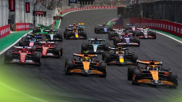 The F1 field approaches Turn 1 at the start of the Brazilian Grand Prix sprint race