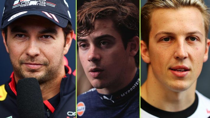 Sergio Perez, Liam Lawson and Franco Colapinto head shots