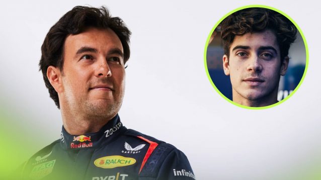 Sergio Perez poses in a Red Bull promo shot with an inset of Franco Colapinto alongside him