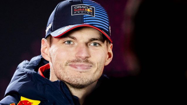 Red Bull's Max Verstappen smiling as he talks to media at the 2024 Las Vegas Grand Prix