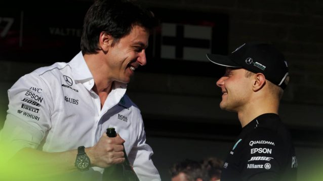 Toto Wolff and Valtteri Bottas smile during Mercedes' post-race celebrations at Austin 2017
