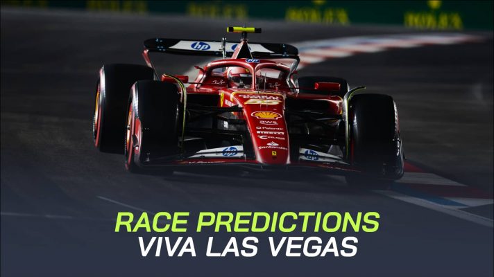 Carlos Sainz on track in Las Vegas with a PlanetF1.com predictions banner positioned centre-bottom