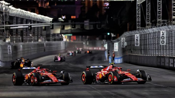 Ferrari's Carlos Sainz and Charles Leclerc battle in the 2024 Las Vegas Grand Prix.