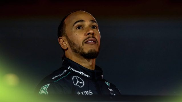 Lewis Hamilton looks on during the podium ceremony in Las Vegas
