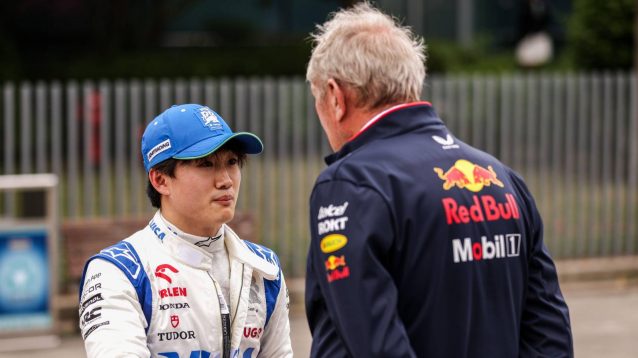 Yuki Tsunoda and Helmut Marko in conversation at the 2024 Chinese Grand Prix.