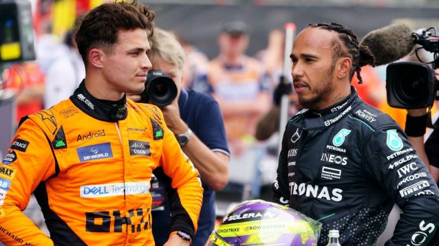 Lando Norris looks at Lewis Hamilton at the 2024 Spanish Grand Prix