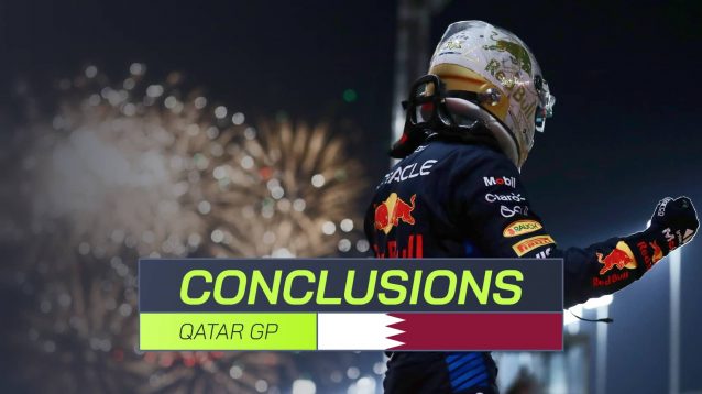 A rear-facing shot of Max Verstappen punching the air with fireworks lighting up the sky and a PlanetF1.com conclusions banner positioned centre-bottom