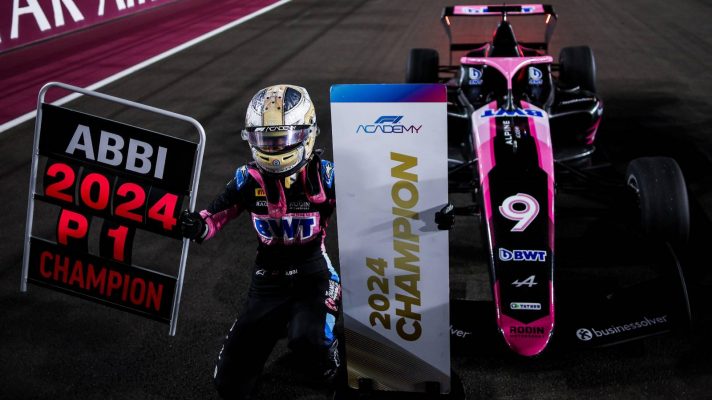 Abbi Pulling celebrates becoming the 2024 F1 Academy champion, at that stage, in Qatar.