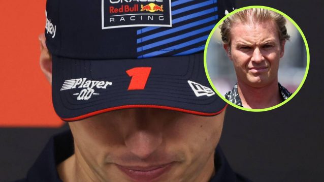 Max Verstappen smiling under his cap and Nico Rosberg in a circle top right.