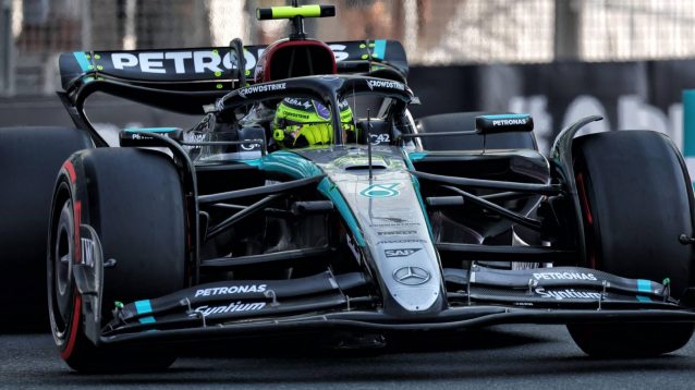 Lewis Hamilton driving the Mercedes W15 in his final race for the team at the 2024 Abu Dhabi Grand Prix.