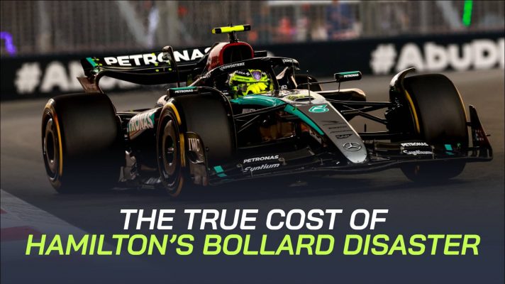 Lewis Hamilton on track in Abu Dhabi with a PlanetF1.com banner reading: 'The true cost of Hamilton's bollard disaster'