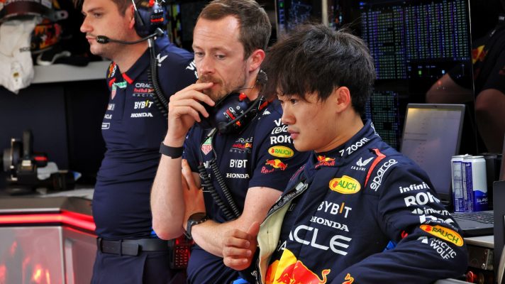 Yuki Tsunoda pictured in the Red Bull garage, Abu Dhabi 2024.