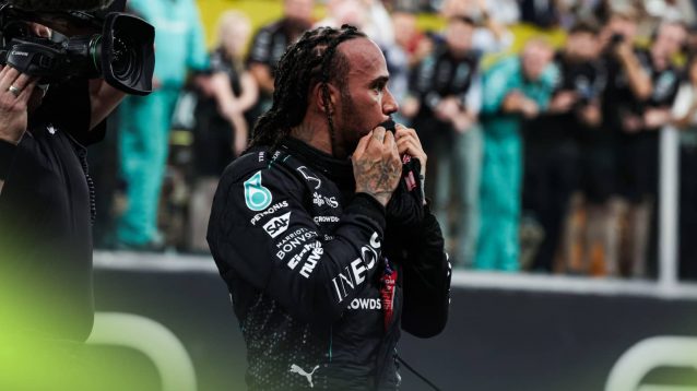 Lewis Hamilton wipes his face with a towel after the race in Abu Dhabi