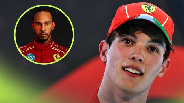 Oliver Bearman smiles as he wears a Ferrari cap with an inset of Lewis Hamilton in Ferrari uniform alongside him