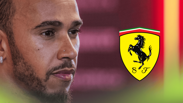 A close-up shot of Lewis Hamilton looking serious and a prominent Ferrari logo alongside him