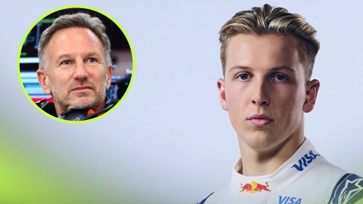 A studio shot of Liam Lawson eyeballing the camera with an inset of Christian Horner alongside him