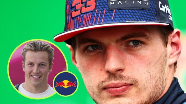 Red Bull's Max Verstappen, with Liam Lawson and the Red Bull badge in circles bottom left