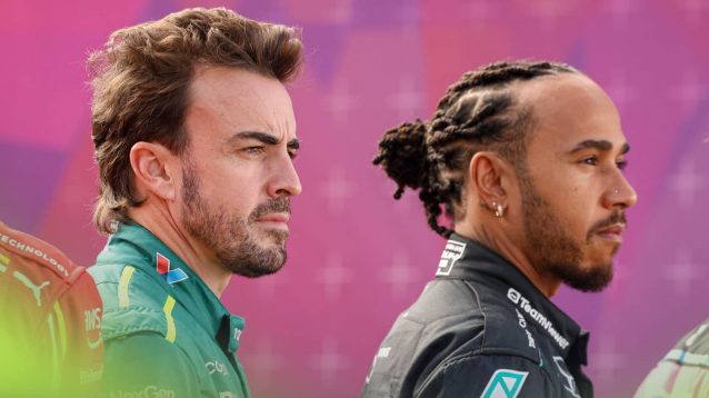 Fernando Alonso and Lewis Hamilton pose during the F1 2024 driver photocall in Bahrain