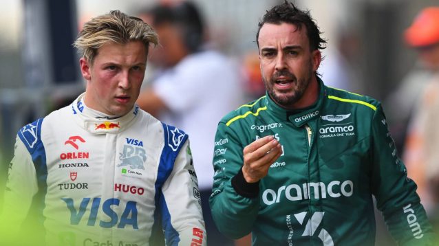 Liam Lawson looks on angrily as Fernando Alonso makes his point following their United States GP clash