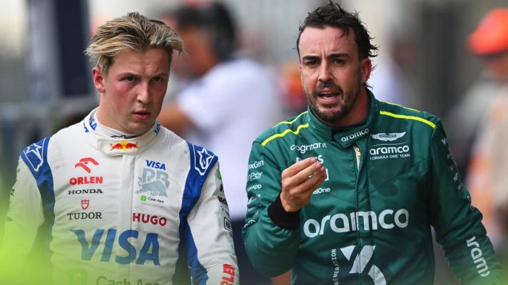 Liam Lawson looks on angrily as Fernando Alonso makes his point following their United States GP clash