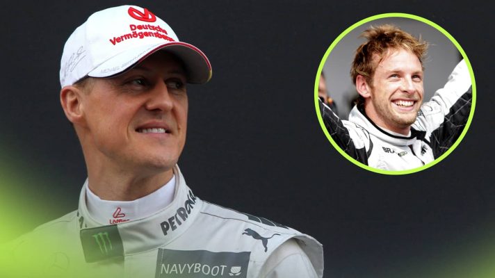 Michael Schumacher smiles at a Mercedes car launch with an inset of Jenson Button smiling after clinching the 2009 title