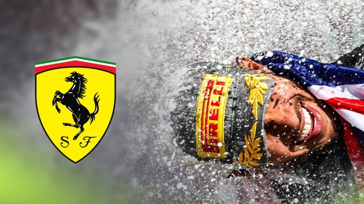 Lewis Hamilton smiles widely as he is engulfed by champagne spray with a prominent Ferrari logo alongside him