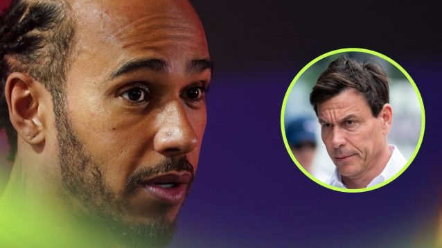 Lewis Hamilton looks shocked with an inset of an angry Toto Wolff alongside him