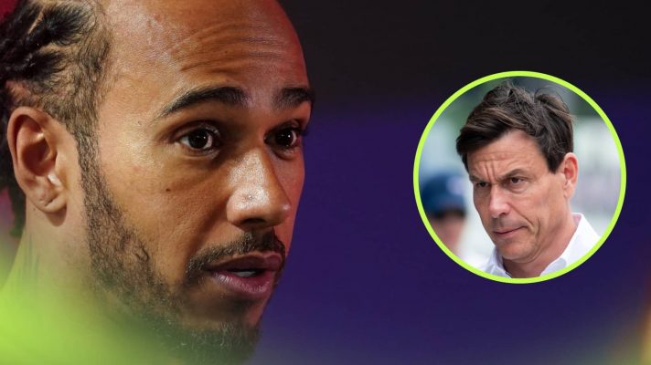 Lewis Hamilton looks shocked with an inset of an angry Toto Wolff alongside him