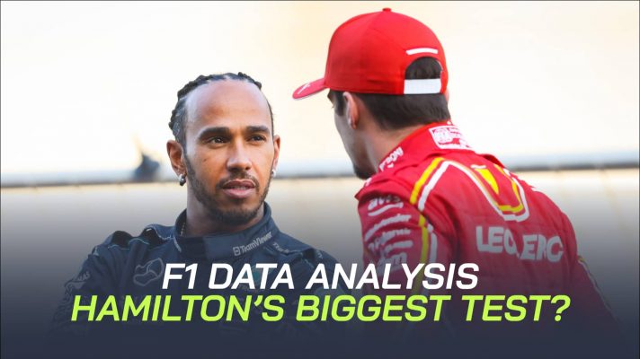 Lewis Hamilton in conversation with Charles Leclerc with a PF1 banner positioned centre-bottom reading: 'F1 data analysis: Hamilton's biggest test?'