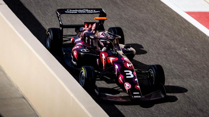 Lola Lovinfosse driving the Charlotte Tilbury-backed car in F1 Academy at the 2024 Abu Dhabi Grand Prix.