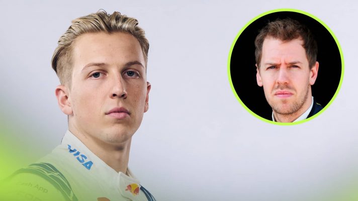 A studio-based shot of Liam Lawson with an inset of Sebastian Vettel alongside him