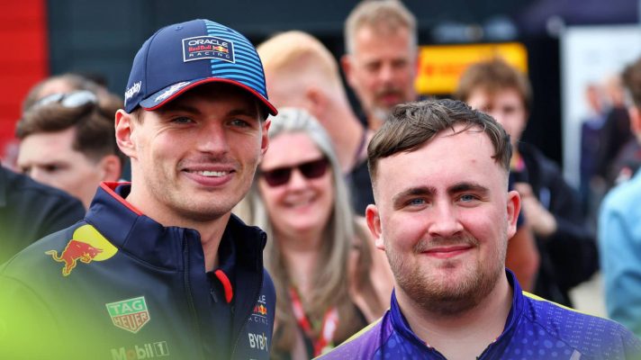Max Verstappen and Luke Littler smile for the cameras in the F1 paddock at Silverstone