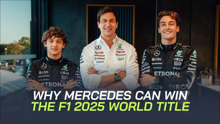 Mercedes' Kimi Antonelli, Toto Wolff and George Russell