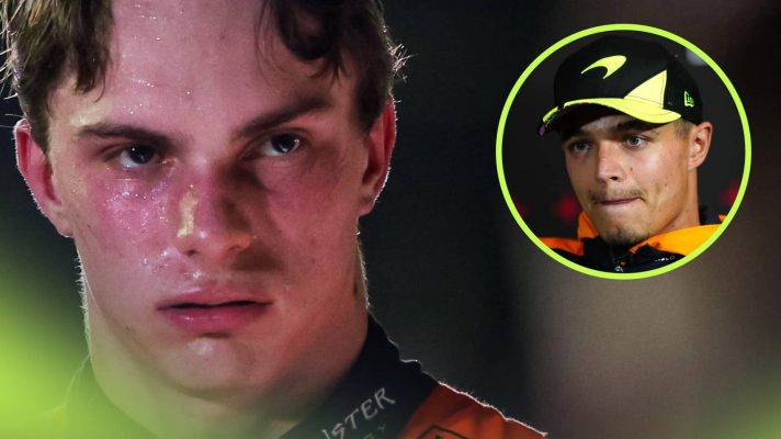 Oscar Piastri looks furious with an inset of a concerned Lando Norris alongside him