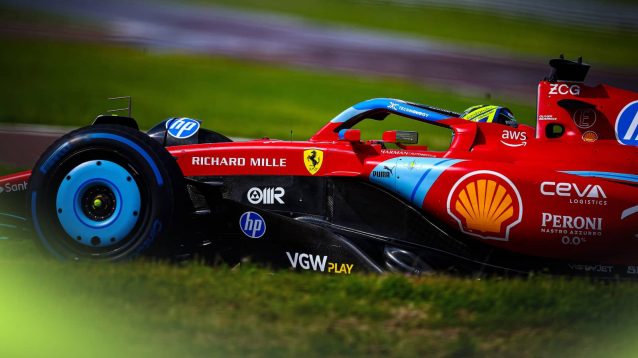 A trackside shot of Oliver Bearman testing the Ferrari SF-24 at Fiorano